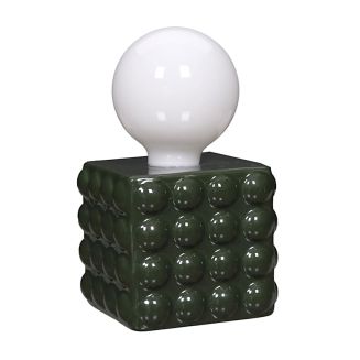 Lampe à poser céramique relief vert foret abat-jour globe (H17cm) sur piles
