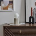 Lampe à poser céramique rayé taupe et blanc abat-jour globe (H17cm) sur piles