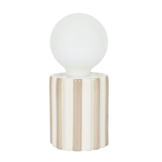Lampe à poser céramique rayé taupe et blanc abat-jour globe (H17cm) sur piles