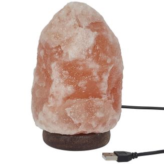 Lampe de sel décorative socle bois (H17cm) avec connexion USB