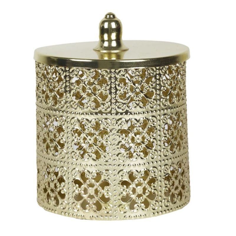 Boîte décorative en fer doré avec couvercle style marocain (H14,8 cm) Boîte décorative en fer doré avec couvercle style marocain (H14,8 cm)