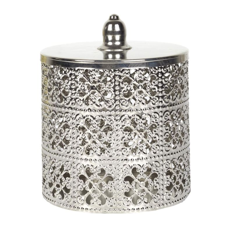 Boîte décorative en fer argenté avec couvercle style marocain (H14,8 cm)