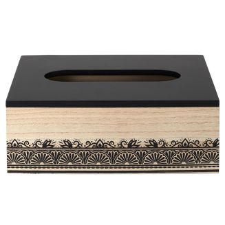 Boîte à mouchoirs en bois naturel avec motif marocain noir
