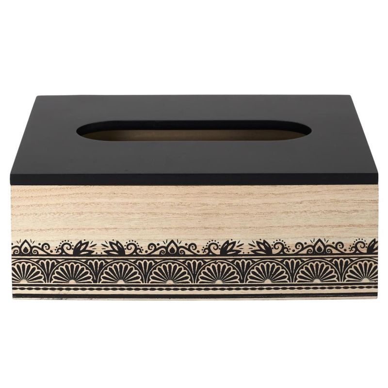 Boîte à mouchoirs en bois naturel avec motif marocain noir