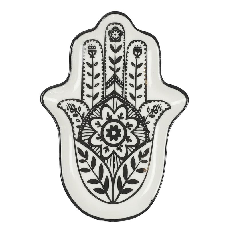 Vide-poche en céramique noir et écru motif main de Fatma