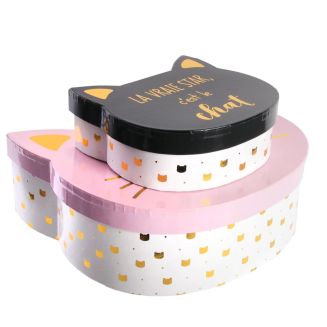 2 boîtes de rangement en carton forme chat coloris rose et noir