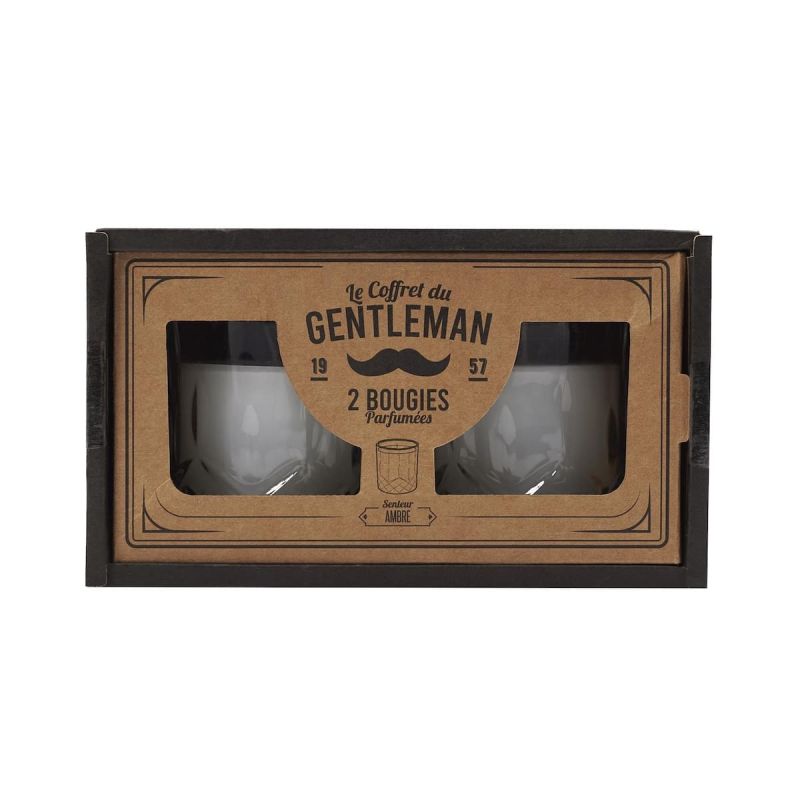 Coffret de 2 bougies parfumées en verre style whisky, parfum ambre Coffret de 2 bougies parfumées en verre style whisky, parfum ambre