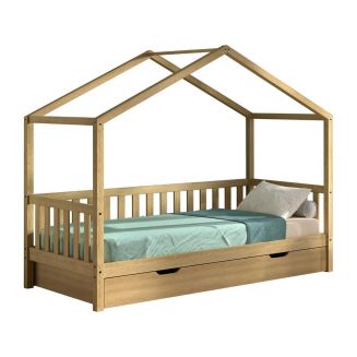 Lit maison à barrière 90x200 avec tiroir en chêne massif - LEIKY