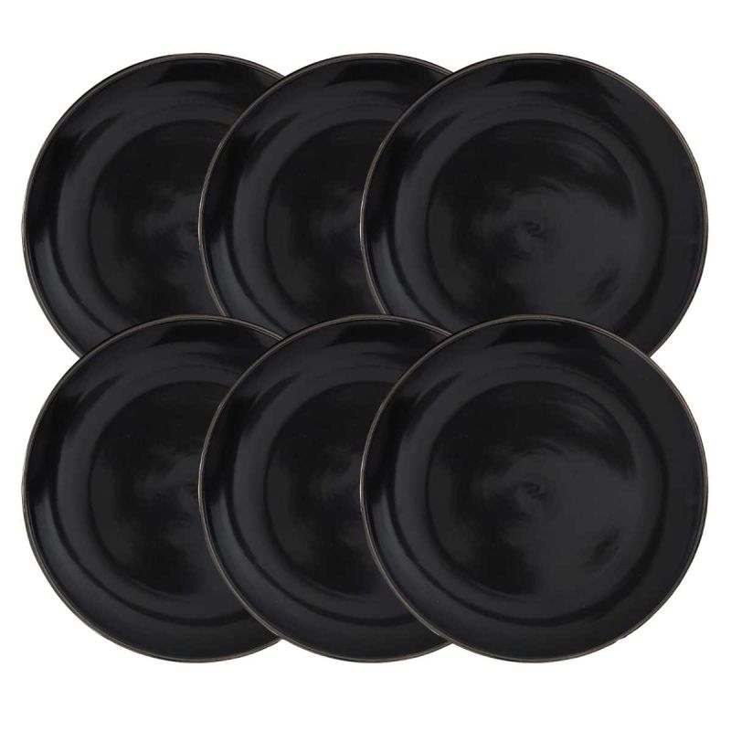Set de 6 assiettes plates noires en céramique avec liseré doré (Ø26 cm) Set de 6 assiettes plates noires en céramique avec liseré doré (Ø26 cm)