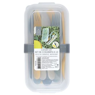 Boite de 12 couverts en plastique réutilisable au coloris vert, jaune et beige