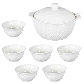 Service à soupe en céramique blanche avec soupière (2,7 L), louche et 6 bols (25 cl)