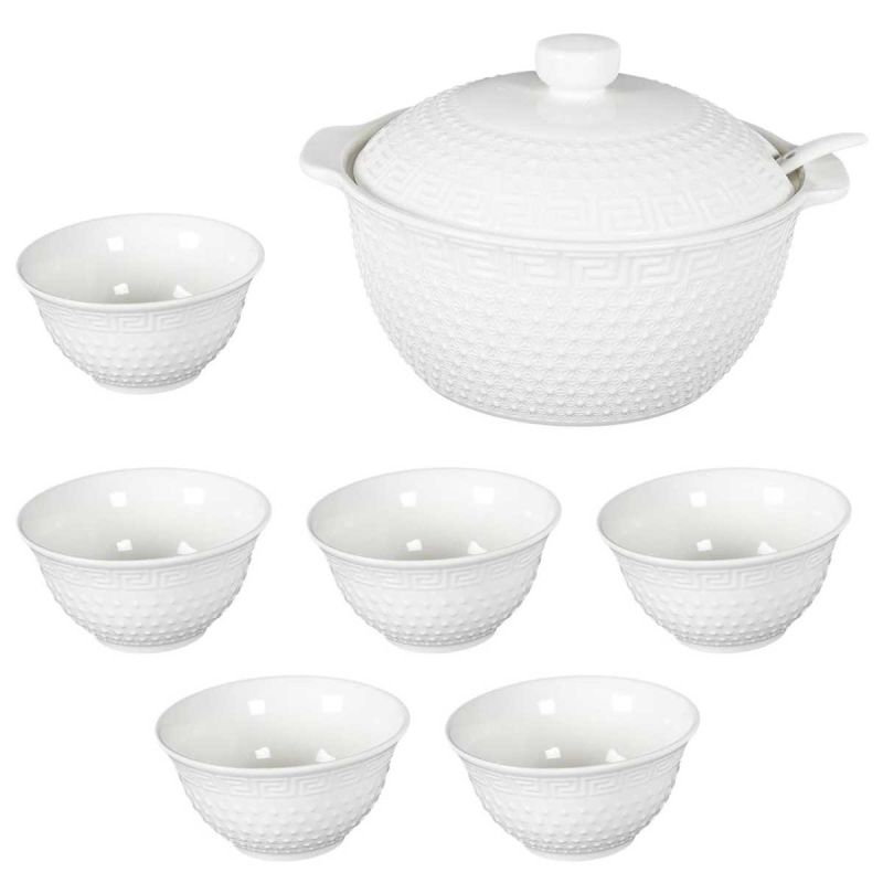 Service à soupe en céramique blanche avec soupière (2,7 L), louche et 6 bols (25 cl) Service à soupe en céramique blanche avec soupière (2,7 L), louche et 6 bols (25 cl)