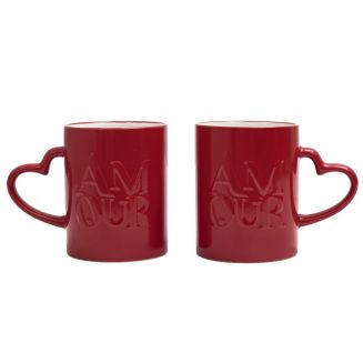 Set de 2 mugs rouges en céramique avec inscription “Amour” (30 cl)