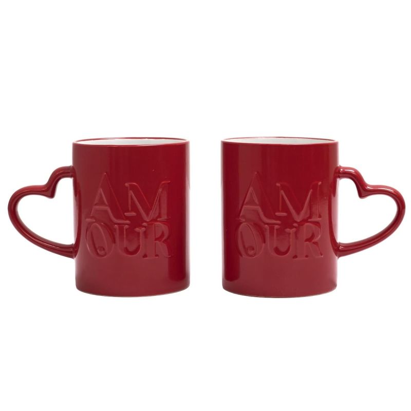 Set de 2 mugs rouges en céramique avec inscription “Amour” (30 cl) Set de 2 mugs rouges en céramique avec inscription “Amour” (30 cl)