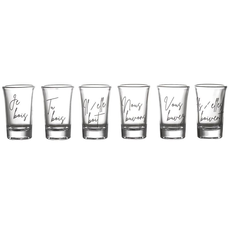 Set de 6 verres à shot en verre avec message “Conjugaison du verbe boire” (45 ml) Set de 6 verres à shot en verre avec message “Conjugaison du verbe boire” (45 ml)