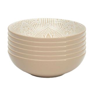 Set de 6 assiettes creuses en céramique beige motif mandala (Ø18,5 cm)