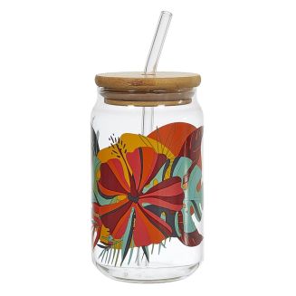 Verre de 45 cl avec couvercle en bambou et paille paradis exotique
