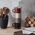 Set 4 tasses unies en céramique (beige, marron, noir) et support en fer noir