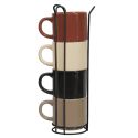 Set 4 tasses unies en céramique (beige, marron, noir) et support en fer noir