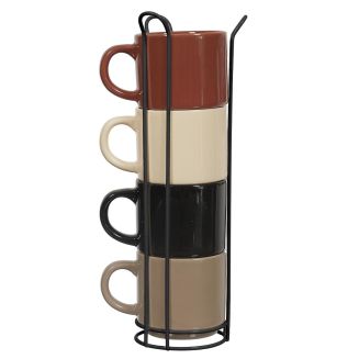 Set 4 tasses unies en céramique (beige, marron, noir) et support en fer noir