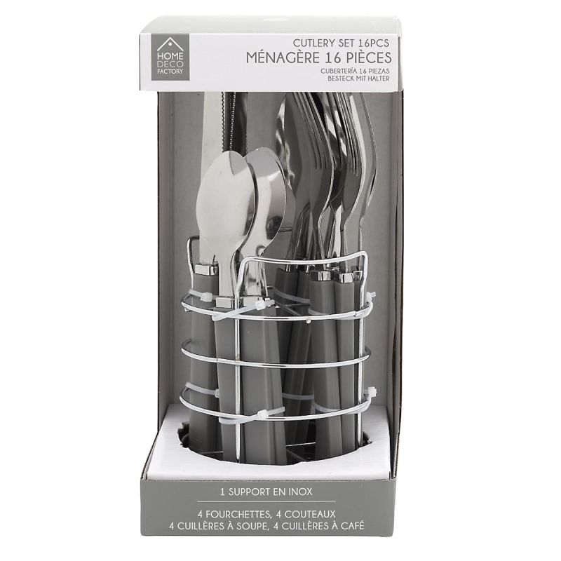 Ménagère 16 pièces en inox avec manches noirs en plastique et support rond
