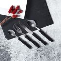 Ménagère 16 pièces en inox avec manches noirs en plastique et support rond