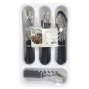 Range ménagère blanc avec 16 pièces en inox manches noirs en plastique