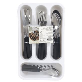Range ménagère blanc avec 16 pièces en inox manches noirs en plastique