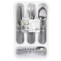 Range ménagère blanc avec 16 pièces en inox manches gris en plastique