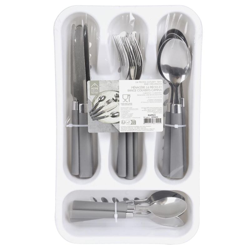 Range ménagère blanc avec 16 pièces en inox manches gris en plastique Range ménagère blanc avec 16 pièces en inox manches gris en plastique