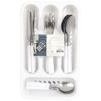 Range ménagère blanc avec 16 pièces en inox manches blanc en plastique