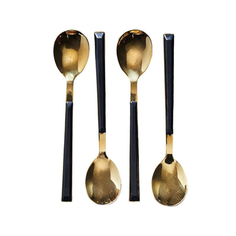 Set 4 cuillères à dessert inox doré manches noirs en plastique Set 4 cuillères à dessert inox doré manches noirs en plastique