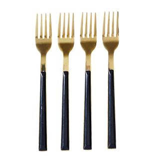 Set 4 fourchettes à dessert inox doré manches noirs en plastique