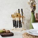 Ménagère 24 pièces en inox doré manches noirs en plastique et support assorti