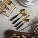 Ménagère 24 pièces en inox doré manches noirs en plastique et support assorti