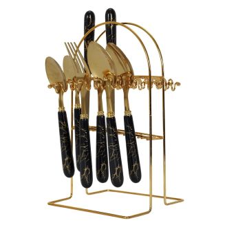 Ménagère 24 pièces en inox doré manches noirs en plastique et support assorti