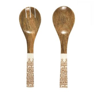 Couverts à salade en bois de manguier avec motif mandala brun