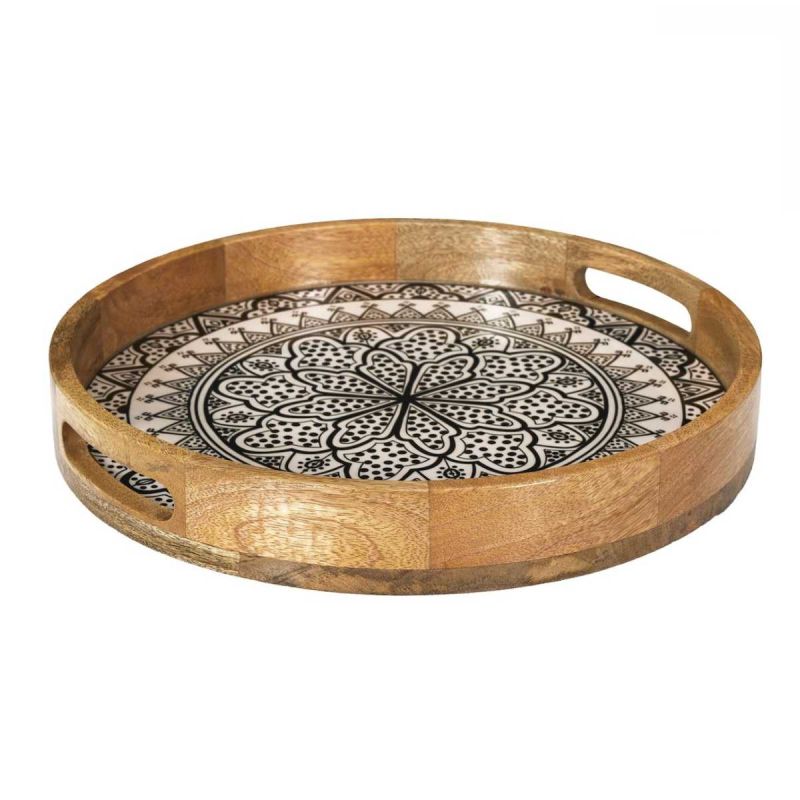 Plateau rond en bois de manguier avec motif mandala noir (Ø35cm) Plateau rond en bois de manguier avec motif mandala noir (Ø35cm)