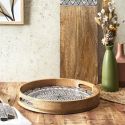 Plateau rond en bois de manguier avec motif mandala noir (Ø35cm)