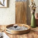 Plateau rond en bois de manguier avec motif mandala noir (Ø35cm)