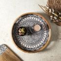 Plateau rond en bois de manguier avec motif mandala noir (Ø35cm)