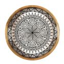 Plateau rond en bois de manguier avec motif mandala noir (Ø35cm)