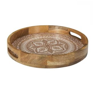 Plateau rond en bois de manguier avec motif mandala brun (Ø35cm)