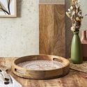 Plateau rond en bois de manguier avec motif mandala brun (Ø35cm)