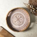 Plateau rond en bois de manguier avec motif mandala brun (Ø35cm)