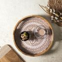 Plateau rond en bois de manguier avec motif mandala brun (Ø35cm)