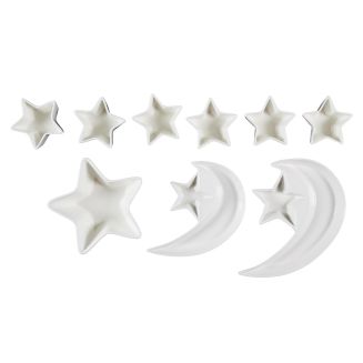 Service apéritif 9 pièces (bols et coupelles) en céramique blanc formes étoile et lune