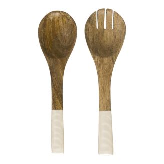 Couverts à salade en bois de manguier avec manche texturé nid d’abeille beige