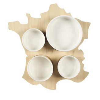 Planche apéro "bistrot" en bois de la carte de France avec 4 coupelles céramique blanc