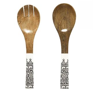 Couverts à salade en bois de manguier avec motif mandala noir